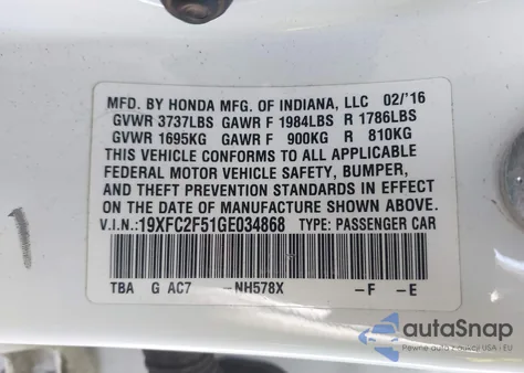 2016 Honda Civic Lx из США, поврежденный, VIN 19XFC2F51GE034868